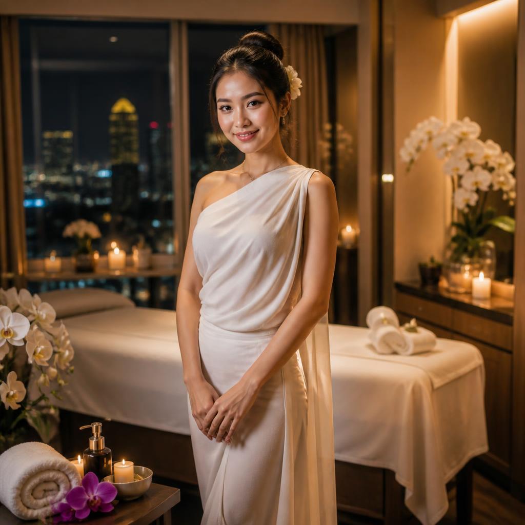 Elegant massage therapist in a white free-style dress at a Bangkok hotel
