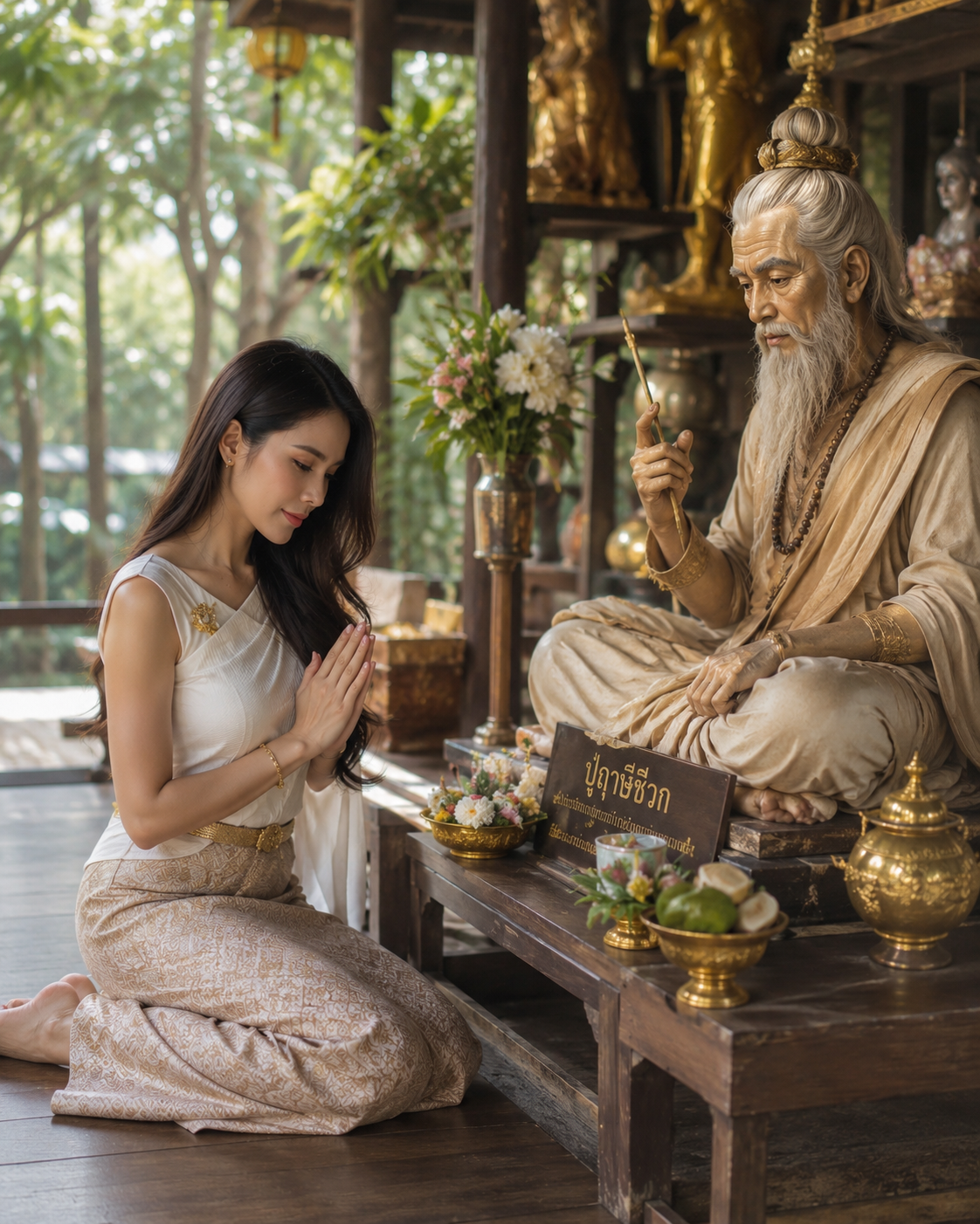 Therapist in traditional Thai dress receiving a blessing