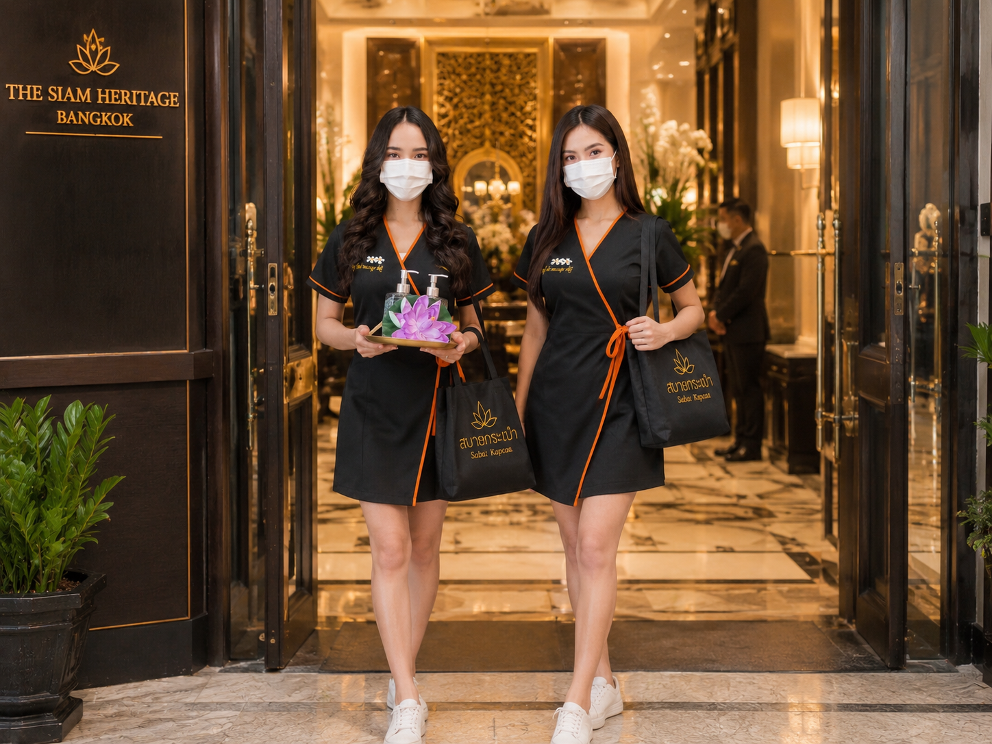 Two professional Thai therapists in uniform arriving at a luxury Bangkok hotel