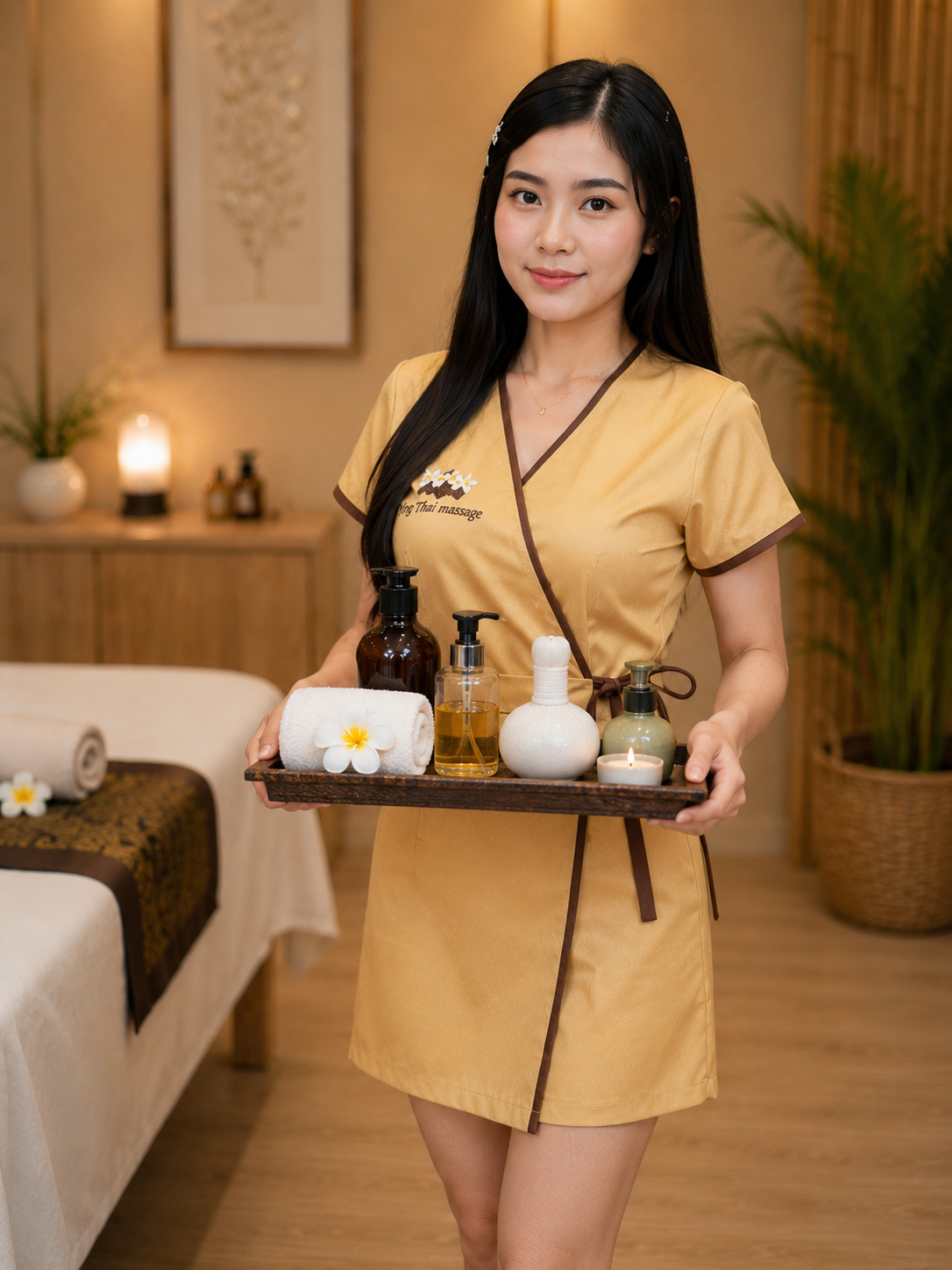 Therapist holding a prepared massage tray with oils and folded towels