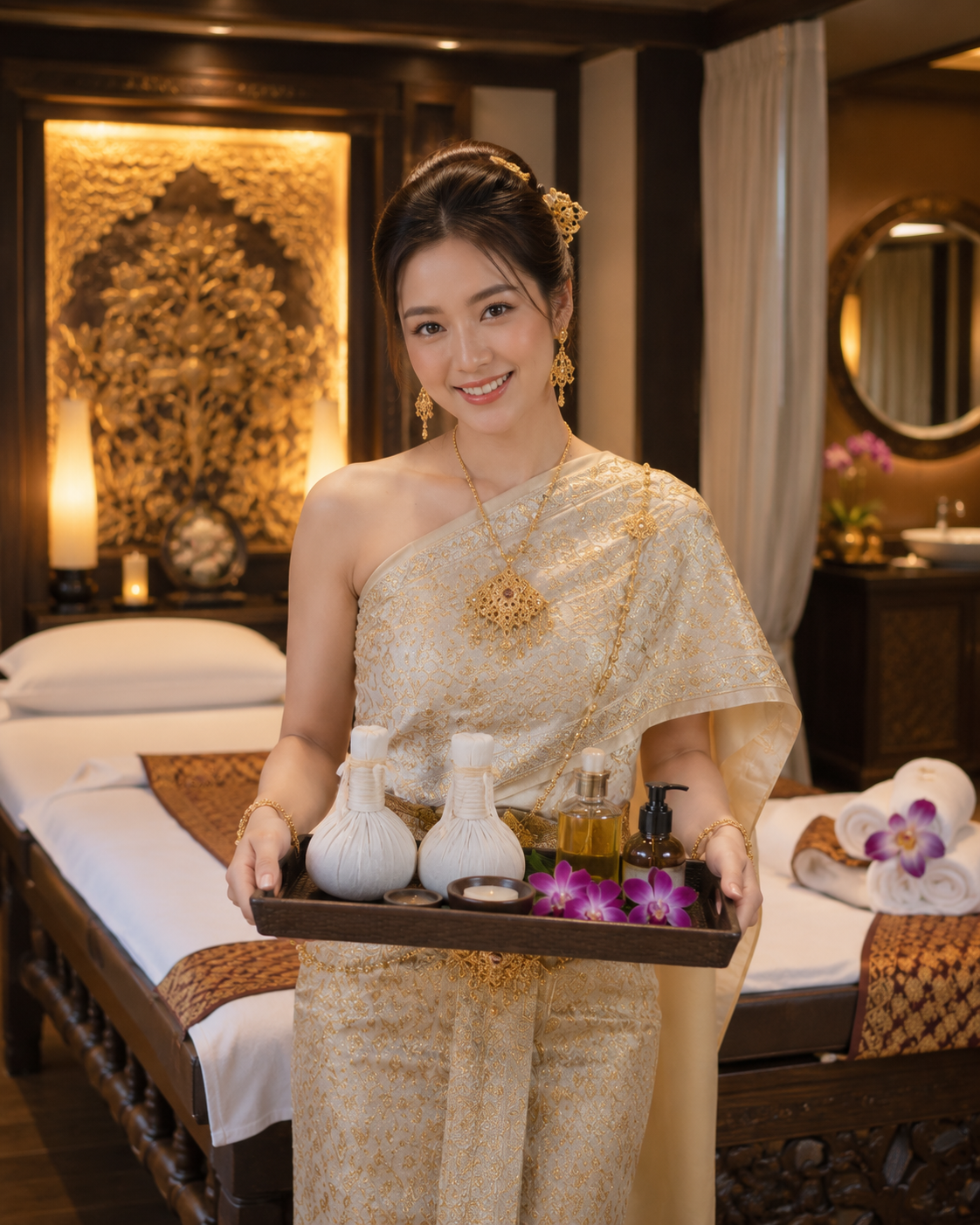 Therapist in traditional Thai attire holding a tray of herbs and massage oils