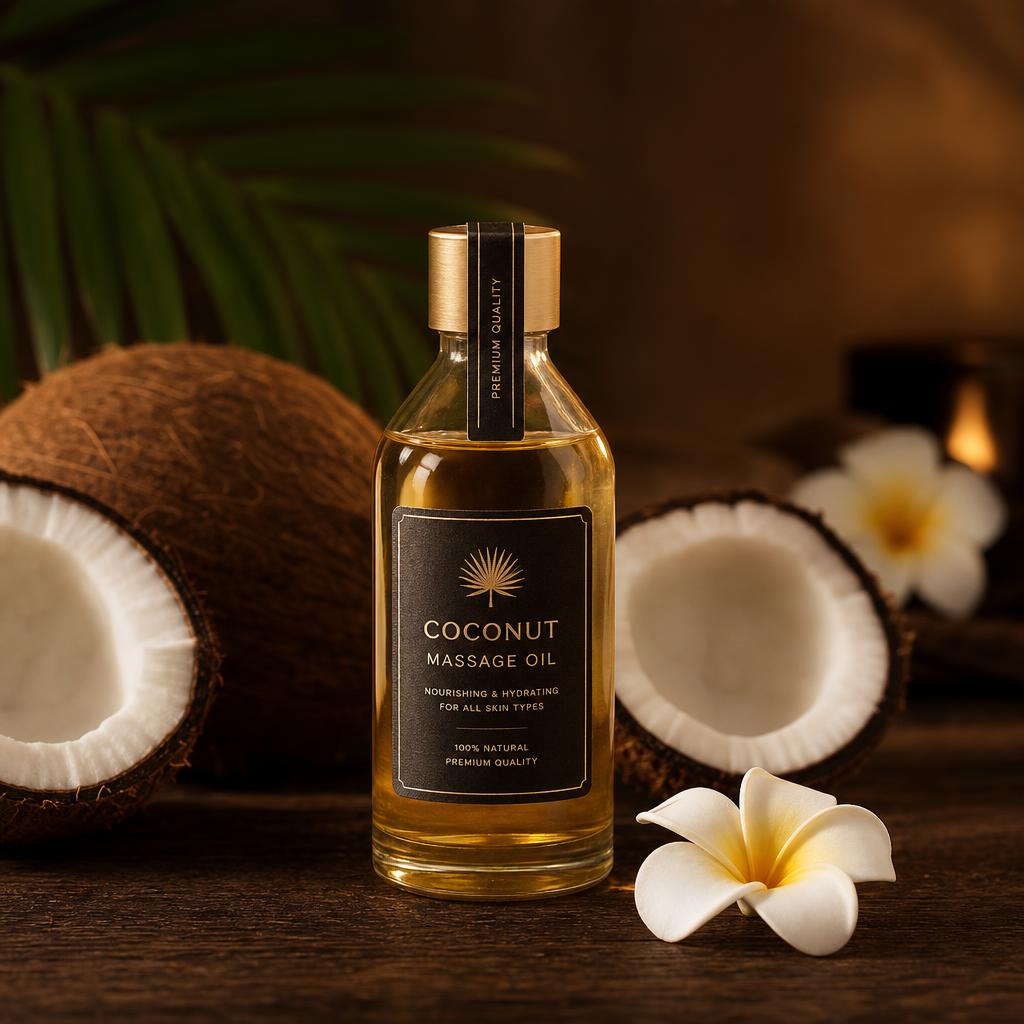 Cold-pressed coconut massage oil with fresh coconuts and frangipani flowers