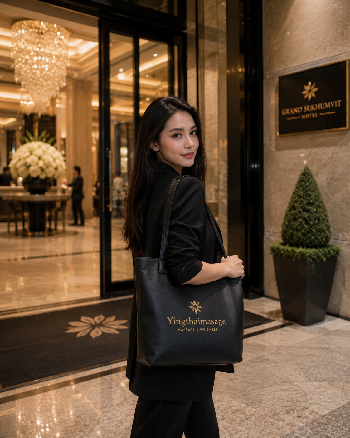 Therapist with Yingthaimassage bag in front of Grand Sukhumvit Hotel