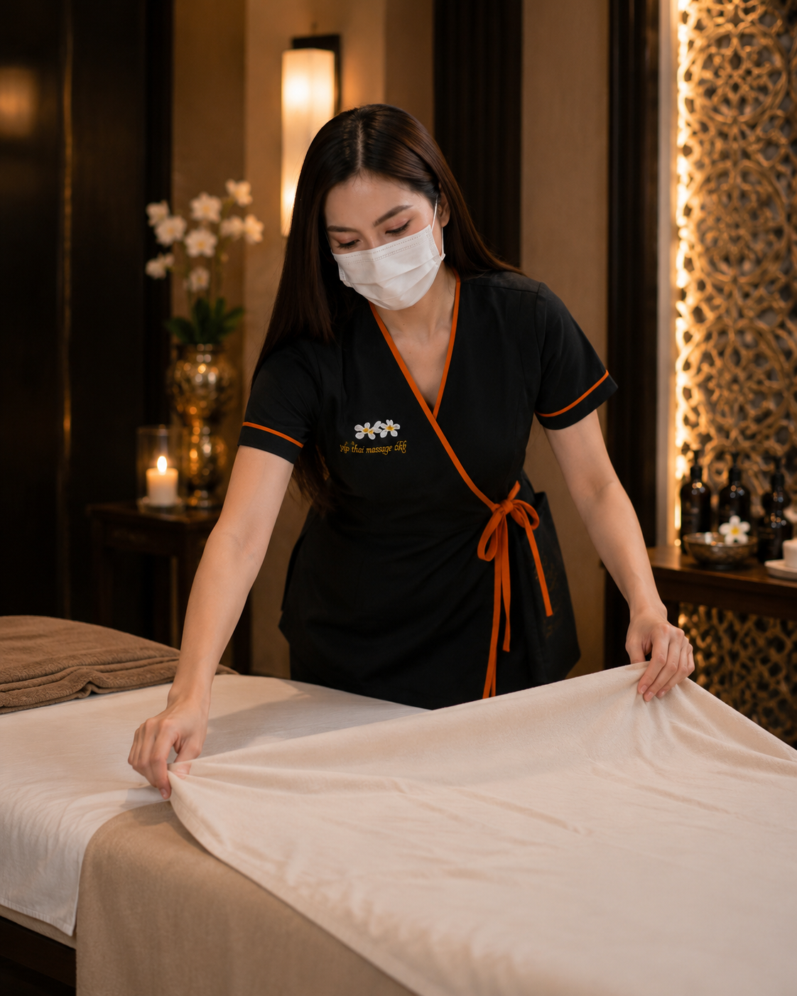 Therapist preparing the massage bed in a treatment room