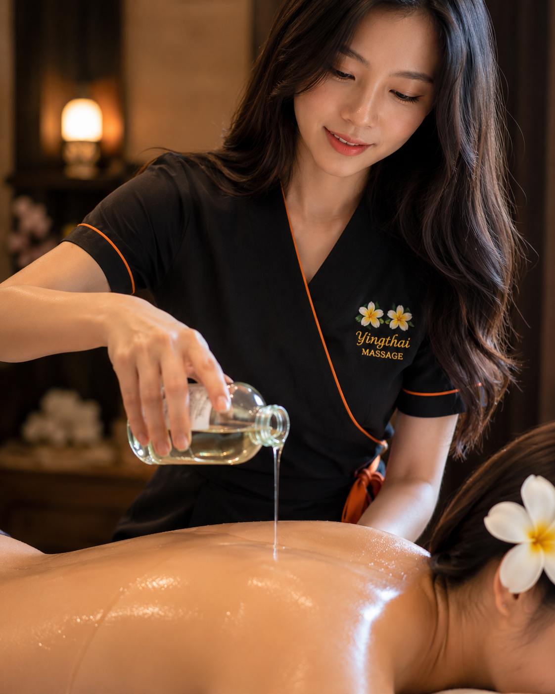 Yingthai therapist pouring massage oil during a signature Thai balm treatment