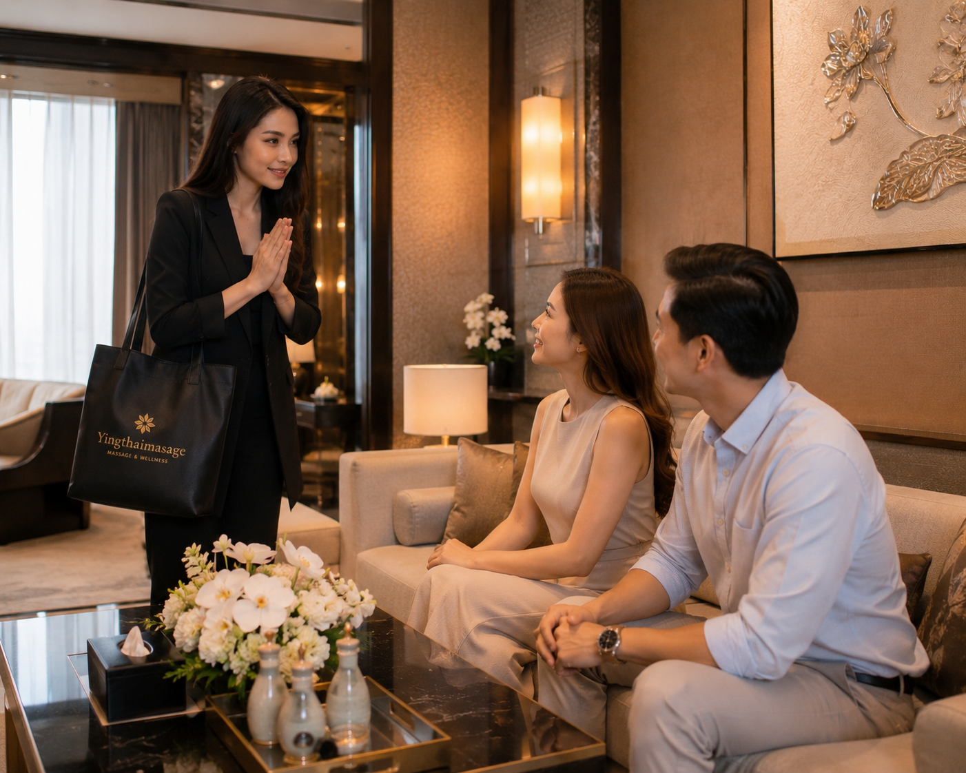 Therapist welcoming a couple in a hotel suite