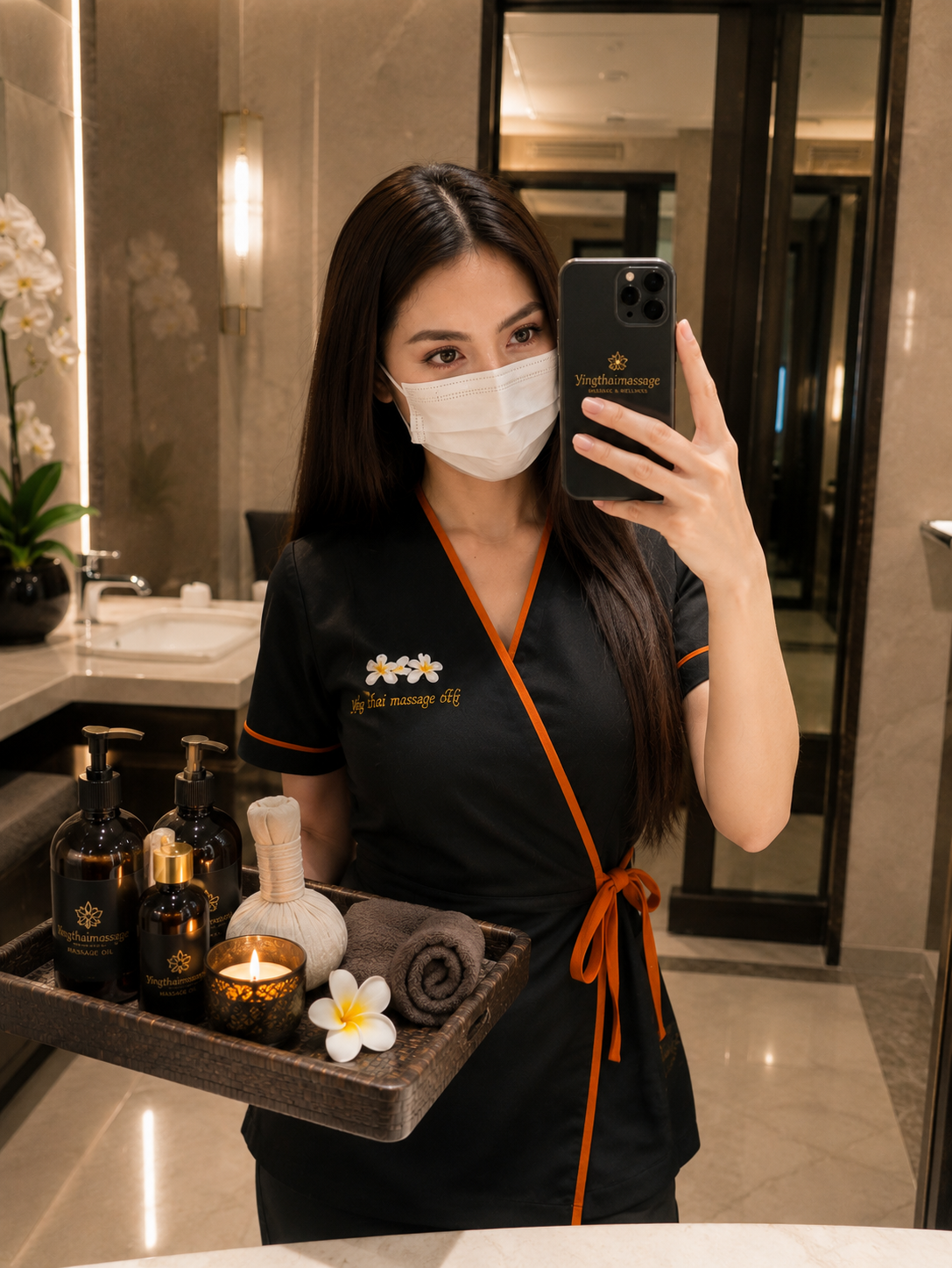 Therapist holding a tray of massage oils and spa accessories