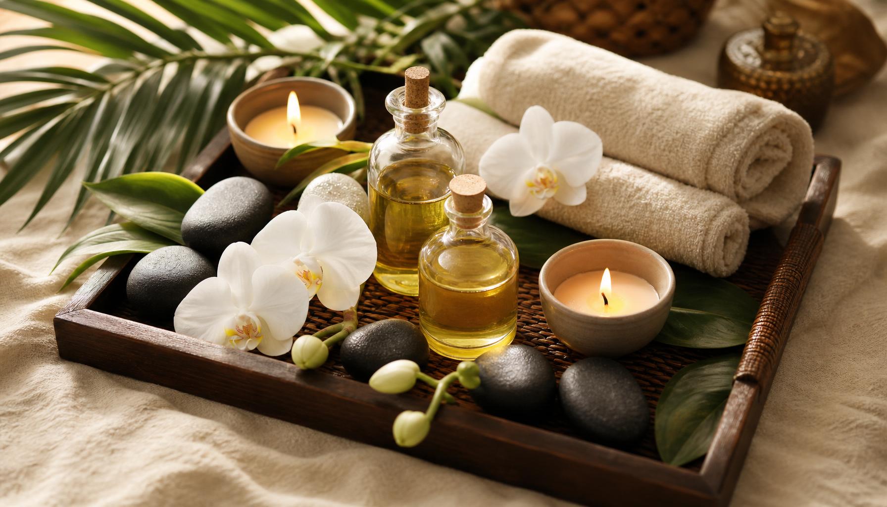 Massage tray with warm oil bottles, candles and folded towels prepared in a hotel room