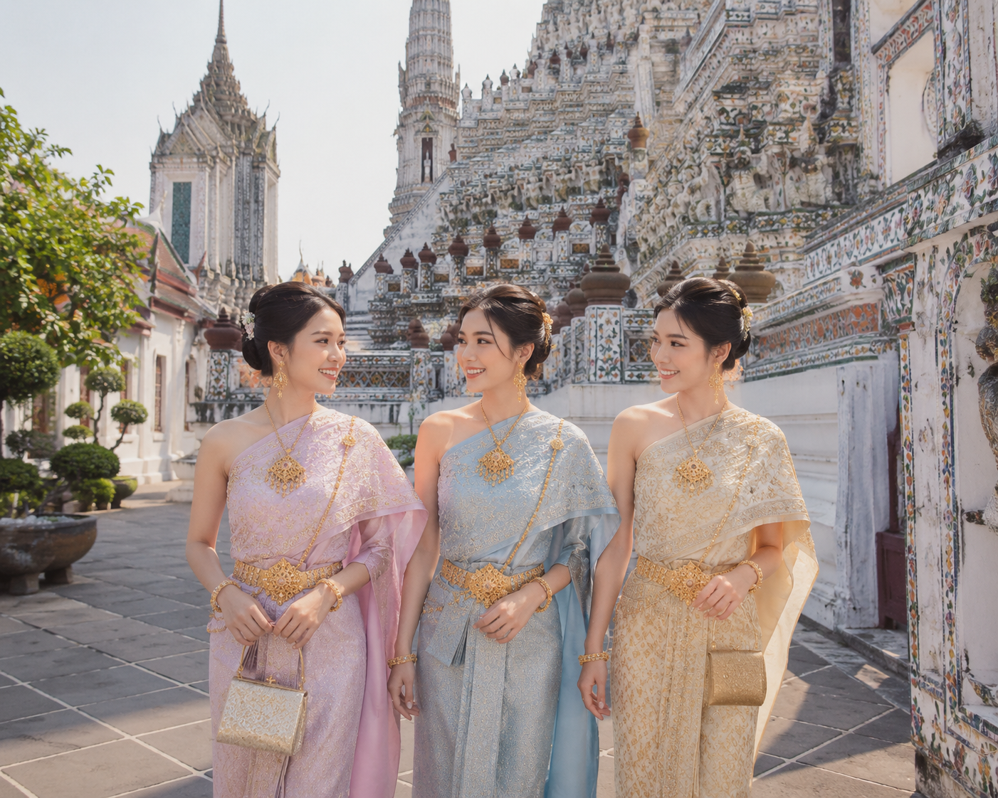 Team of therapists in Thai attire at Wat Arun