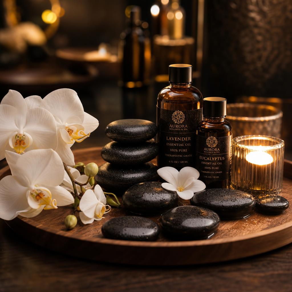 Luxury aromatherapy essential oils and hot massage stones on an elegant tray
